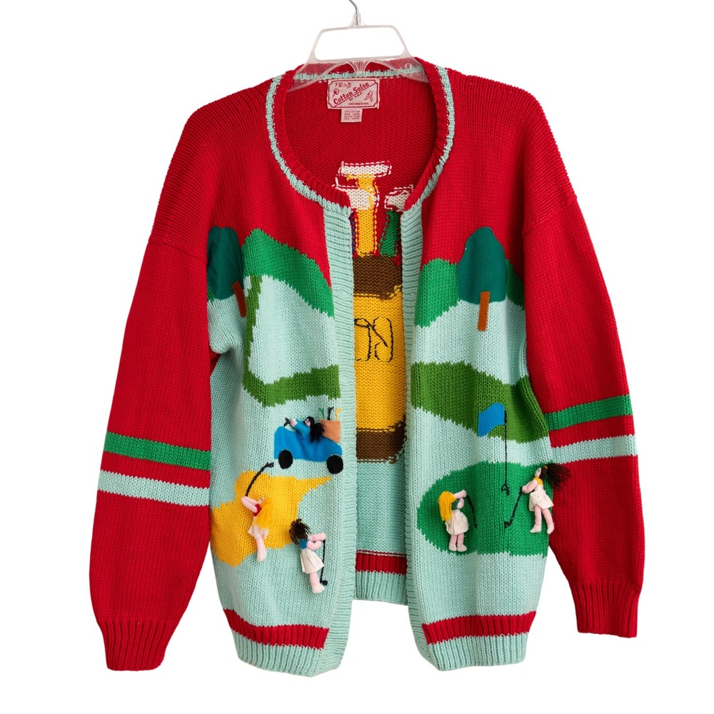 VTG Golf Cardigan Sz L Cotton Salsa 3D Colorblock Eccentric Ugly Sweater Chunky